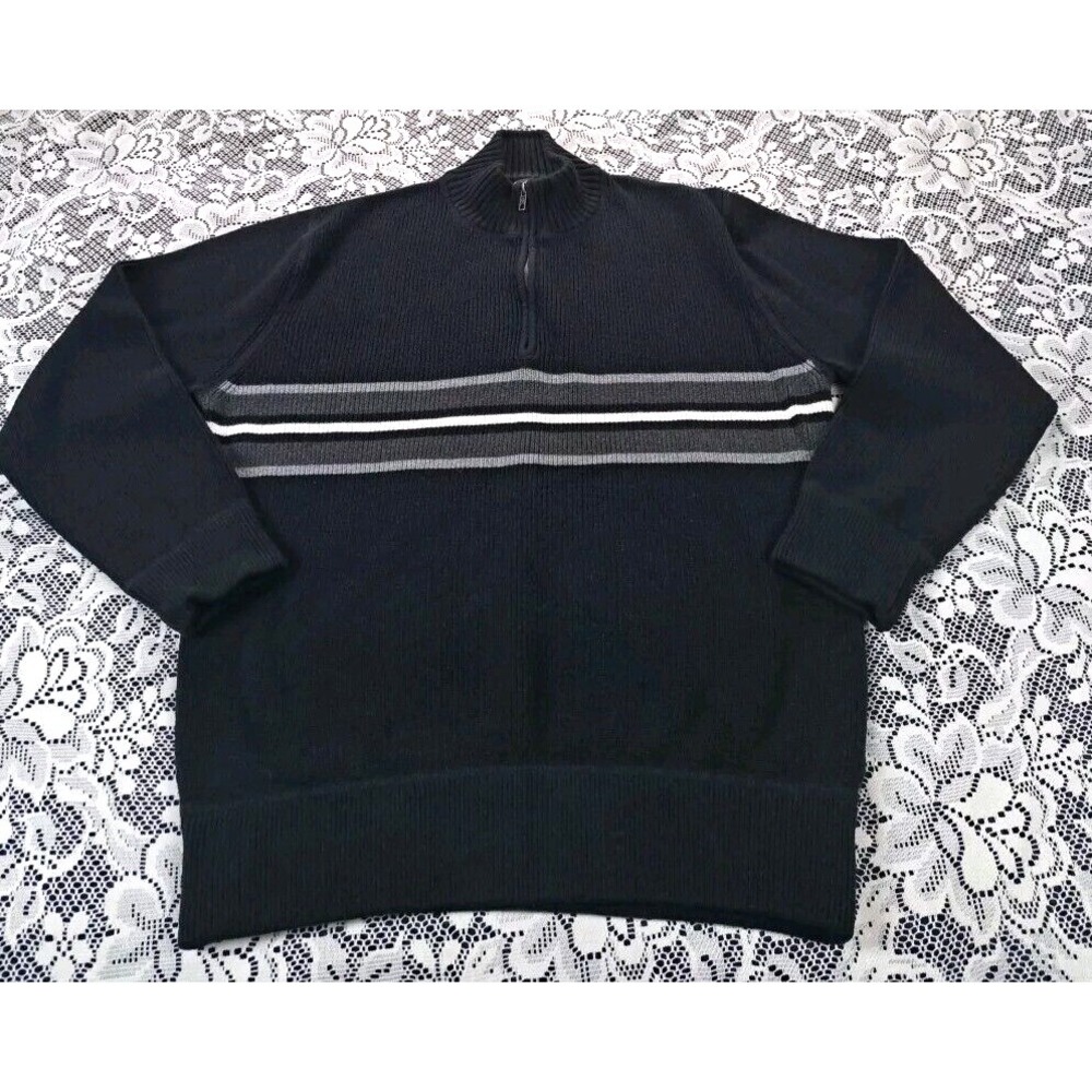 Eddie Bauer Sweater Med 1/4 Zip Pullover Knit Black/Gray & White Stripe Casual